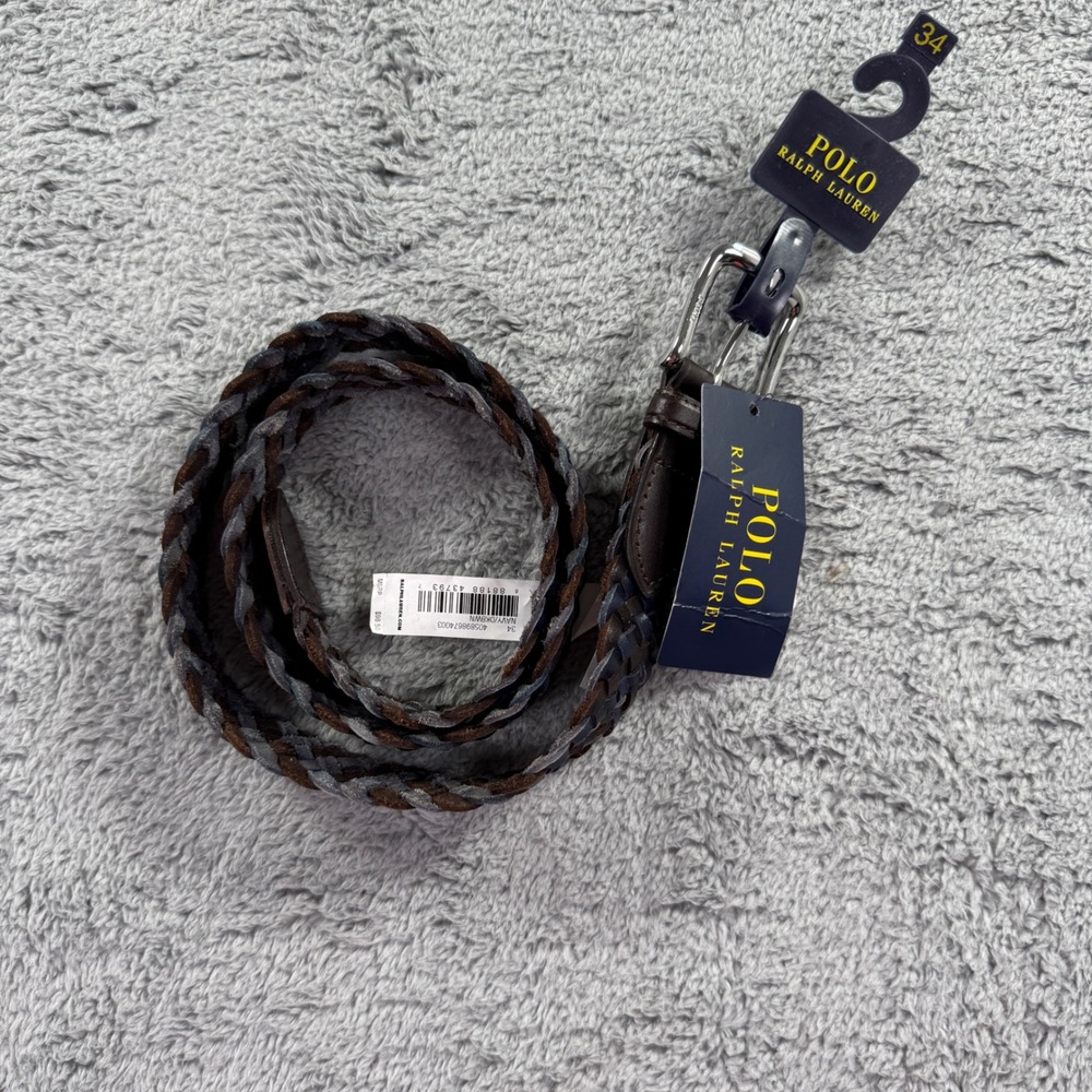 Polo Ralph Lauren Braided Belt Mens 34 Navy Dark Brown New Woven Leather Preppy